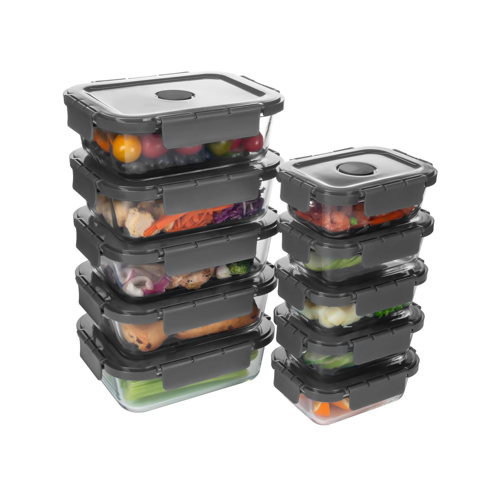 Glass Food Storage Containers with Air Vent(Black solid, transparent , Blue solid)10 Pack