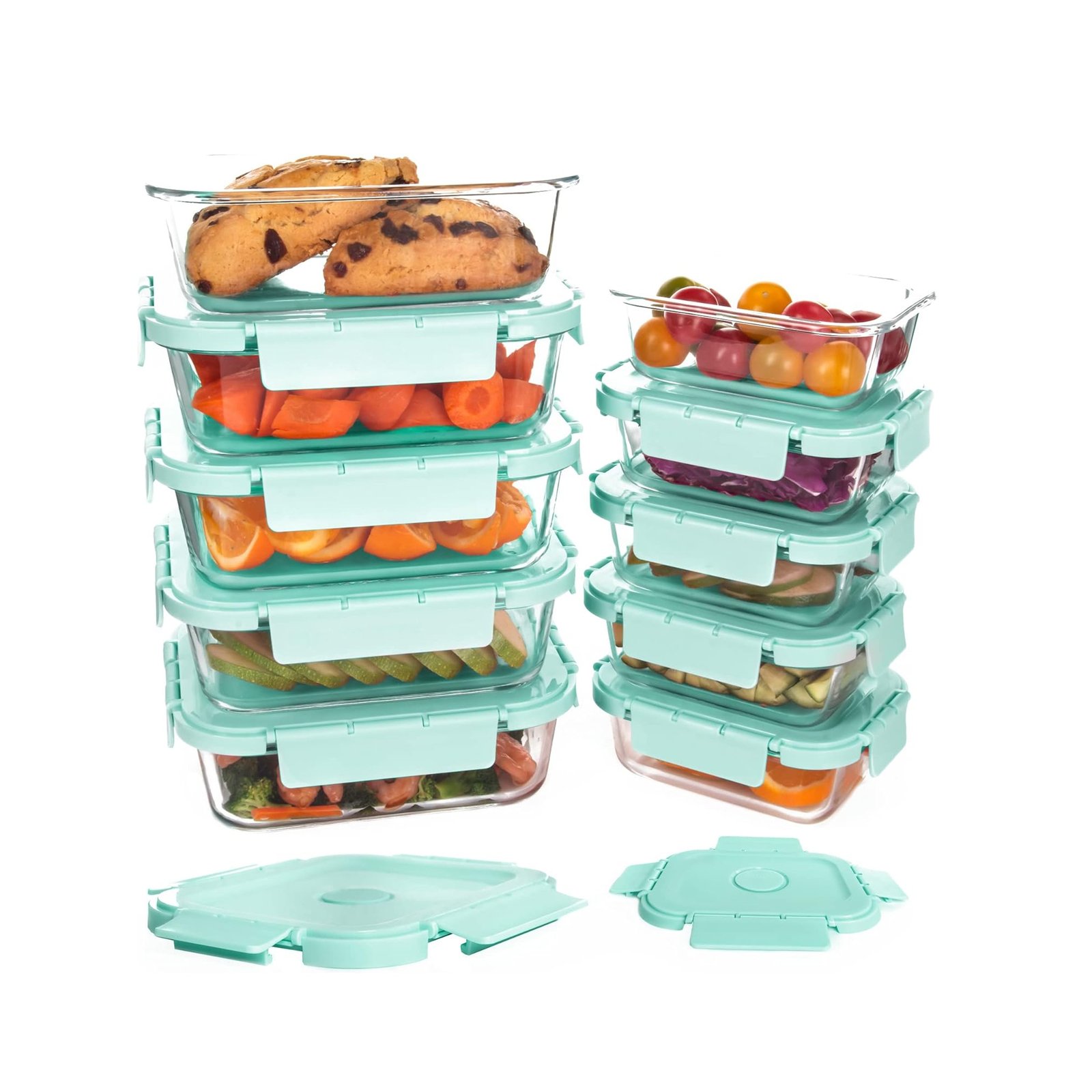 Glass Food Storage Containers with Air Vent,(Blue Transparent, Mint solid & Transparent) 10 Pack