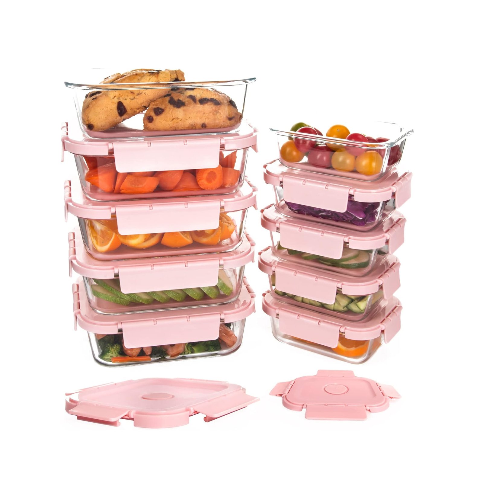 Glass Food Storage Containers with Air Vent,(Pink Solid, Pink Transparent) 10 Pack
