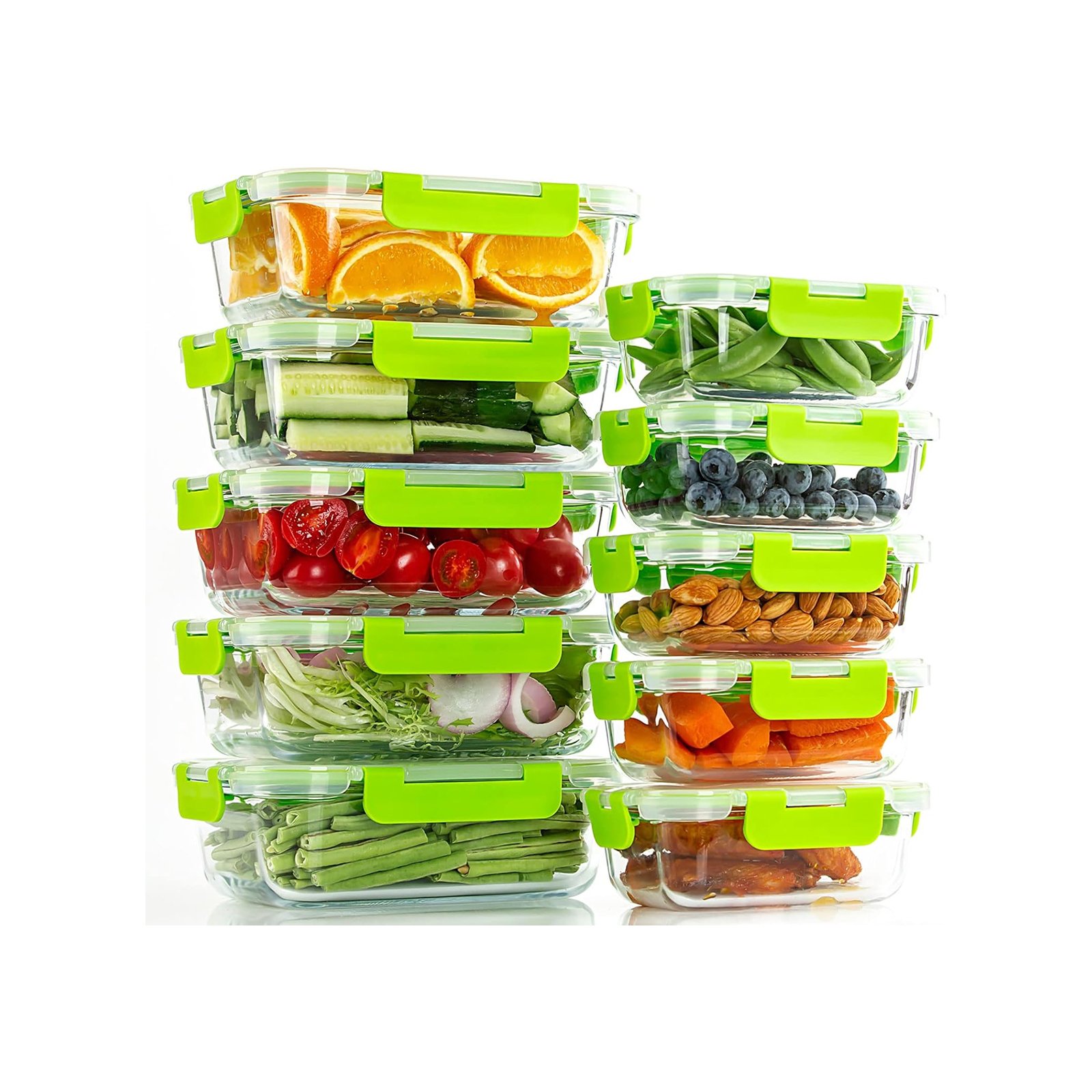 Glass Food Storage Containers(Blue Grey,Orange,Green), 10 Pack