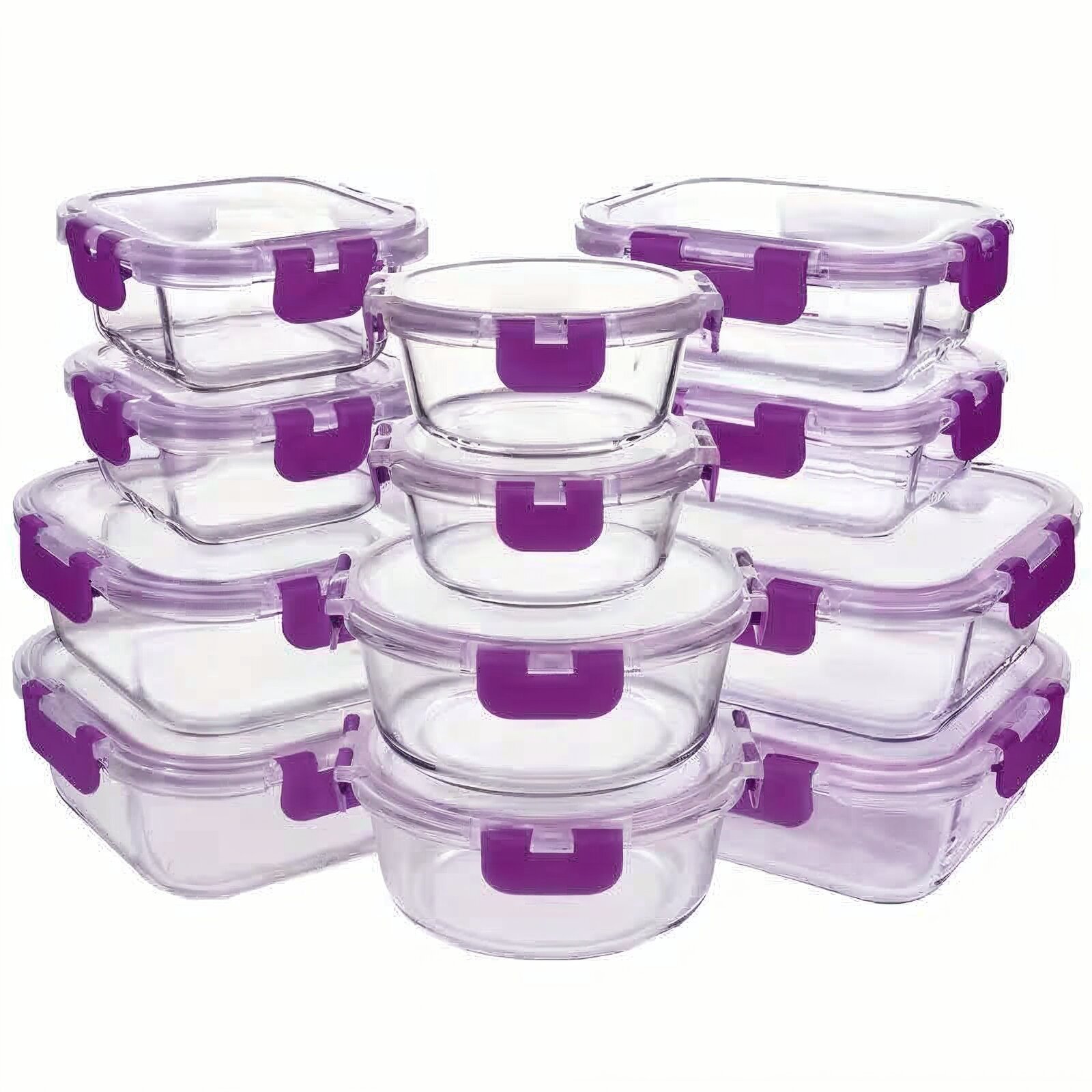Glass Food Storage Containers,(Pink,Green,Purple) 12 Pack